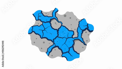 Abstract illustration of a fragmented, cracked gray mass with bright blue liquid filling the crevices, against white