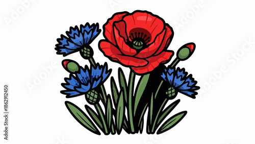 A vibrant illustration features a bright red poppy surrounded by blue cornflowers