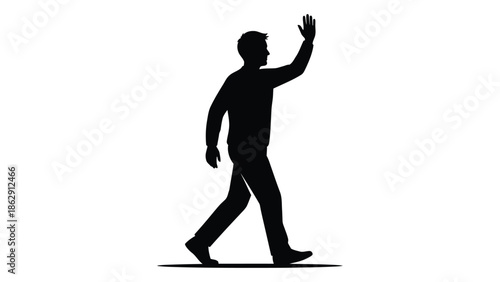 A silhouette of a person walking and waving their hand forward