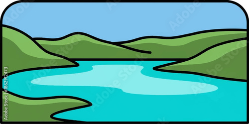 A simple, cartoonish depiction of a serene blue lake surrounded by gentle green hills under a clear blue sky
