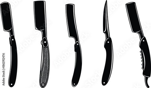 Set of vintage straight razors and barber blades in black silhouette style for grooming, shaving, and barbershop vector illustration.