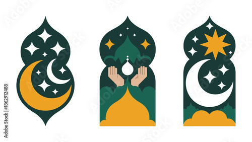 Geometric Islamic Motifs: Modern geometric designs celebrating the spirit of Islamic art, featuring crescent moons, stars, and ornamental patterns for a sense of harmony and reflection.