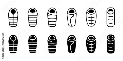 Sleeping bag icon. Camping and outdoor gear symbol for hiking and travel. Sleeping bag illustration for tourism, adventure, and survival concepts. Outline and solid pictogram isolated.
