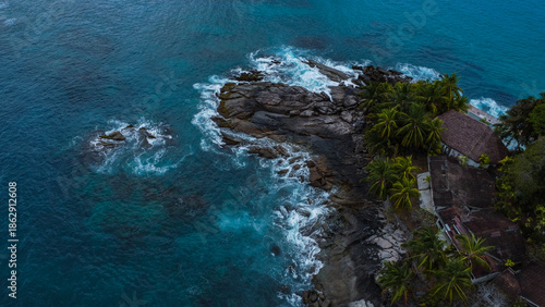 Rugged Tropical Coastline, Palm Trees, and Coastal Buildings Under Overcast Sky