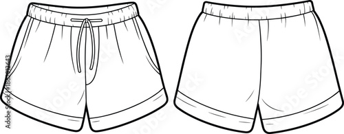 Fashion technical flat sketch of men's athletic shorts featuring a drawstring elastic waistband with side pockets and hem detail, front and back.