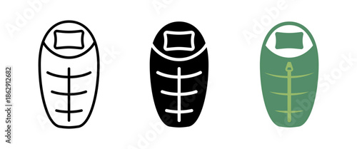 Sleeping bag icon. Quilted mummy sleeping bag symbol for camping and outdoor travel. Hiking and tourism equipment illustration for adventure, survival, and night rest concepts.