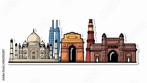 A stylized illustration showcases iconic Indian landmarks including the Taj Mahal and Qutub Minar