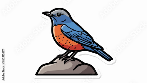 A vibrant blue and orange bird with a grey head, perched on a grey rock illustration, cartoon style