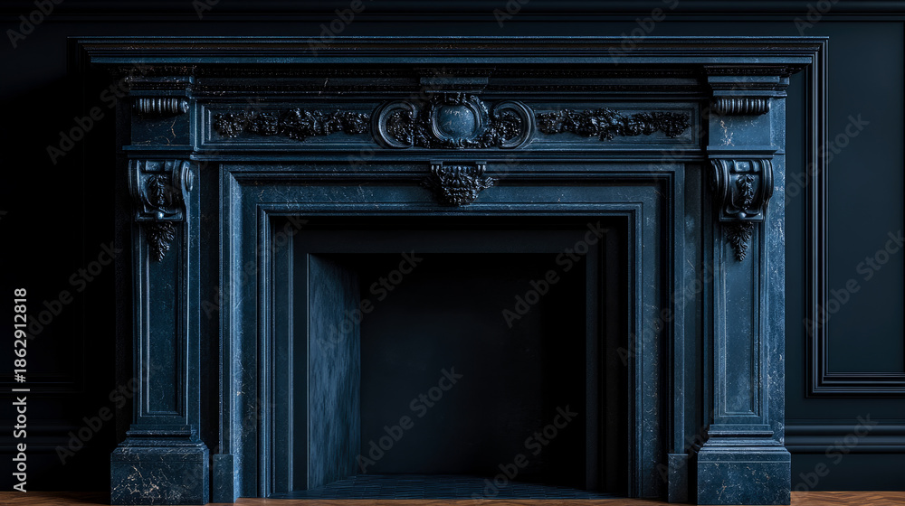 Fototapeta premium Grand and Ornate Dark, Richly Veined Marble Fireplace Mantelpiece Featuring Classical Architectural Details and Intricate Sculptural Frieze in Sophisticated Monochromatic Interior