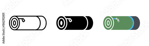 Sleeping mat icon. Rolled camping mat symbol for outdoor travel and hiking. Tourism and adventure equipment illustration for portable ground pad, sleep and rest. Outline and solid pictogram.