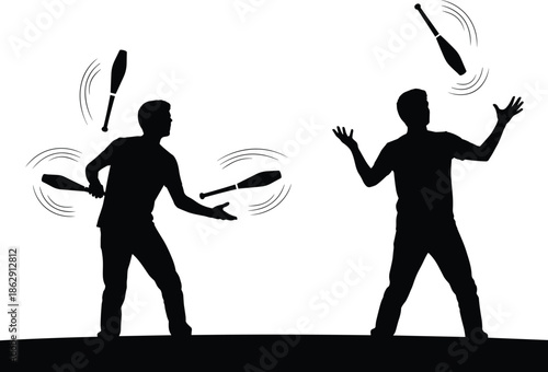 Silhouette of Two Jugglers Performing with Clubs in Motion – Dynamic Black and White Illustration Capturing Circus Talent, Street Art, and Skillful Entertainment in a Minimalist Graphic Style