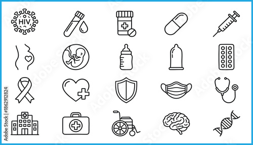 Set of 20 black line icons for medical and public health themes including HIV, pregnancy, DNA, and protection for vector illustration content