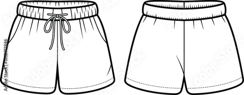 Fashion technical flat sketch of men's athletic shorts featuring an elastic drawstring waistband and side pockets, front and back.