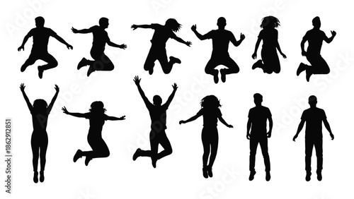 Collection of diverse silhouettes showing people in various dynamic poses and actions