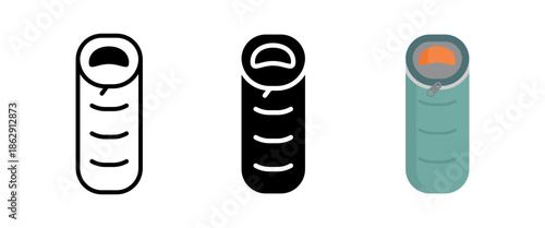 Sleeping bag icon. Rolled sleeping bag with zipper symbol for camping and outdoor travel. Hiking and tourism equipment illustration for adventure, portable gear, and night rest.