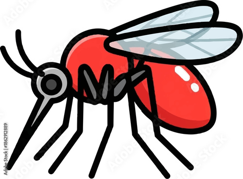 A simple cartoon illustration of a red mosquito with black legs, transparent wings, and a long proboscis