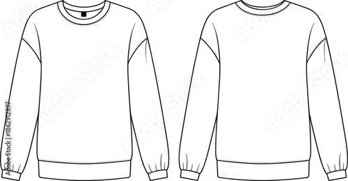 Fashion technical flat sketch of a men's long sleeve crewneck sweatshirt featuring ribbed cuffs and hem, front and back view.