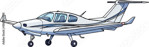 A white single-engine aircraft with blue accents and dark tinted windows