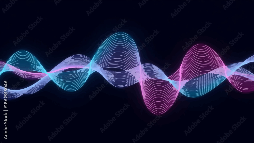 Fototapeta premium Abstract neon blue and pink glowing wave patterns resembling sound or energy against a dark background