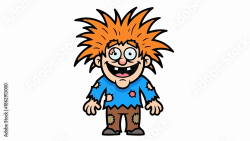 A wild-haired, tattered cartoon character with a wide grin and uneven teeth stands
