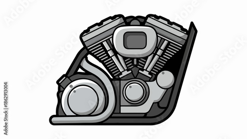 A stylized, monochromatic illustration of a V-twin engine with bold outlines