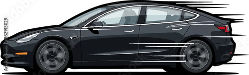 A sleek, dark sedan is captured in motion, with stylized speed lines indicating rapid movement