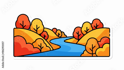 A winding blue river flows through hills covered in autumn trees with red and orange foliage