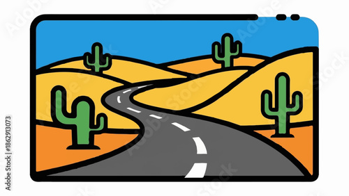 A winding desert road curves through arid, golden hills dotted with green cacti under a bright blue sky