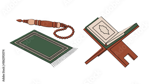Spiritual Items for Devotion: Depicting a prayer rug, a Quran, and prayer beads, this illustration highlights essential elements in religious practices.