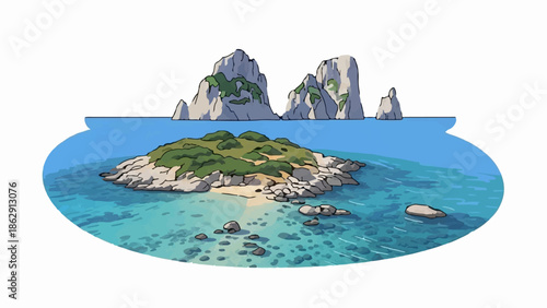 A vibrant illustration of a lush green island with rocky shores, surrounded by clear turquoise ocean waters