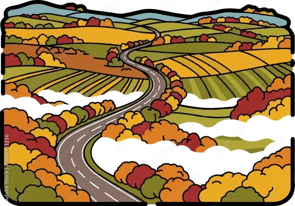 Obraz premium A winding road curves through rolling autumn hills with colorful trees
