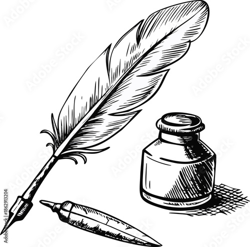 A vintage illustration of a feather quill inkwell and writing nib high quality