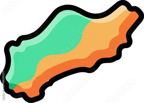 Abstract, organic, layered shapes in aqua, orange, and yellow hues with a thick black outline