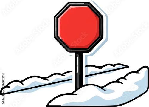 A simple cartoon illustration of a blank red stop sign standing amidst white snowdrifts on a winter day