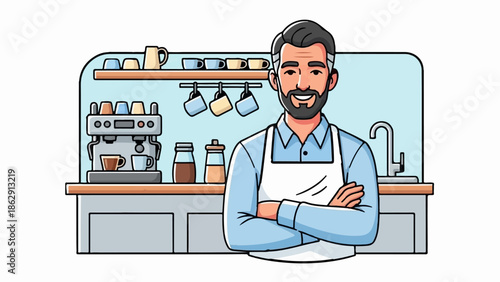 A smiling barista with folded arms stands confidently behind a coffee bar with an espresso machine