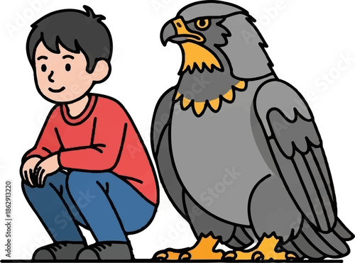 A smiling boy in a red shirt squats beside a large grey falcon illustration on a white background