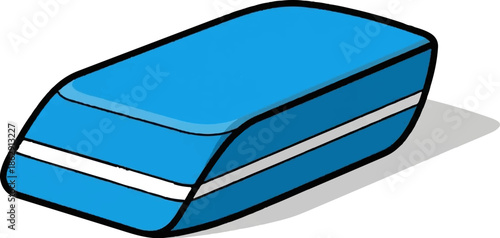 A simple cartoon illustration of a blue eraser with a white stripe, casting a soft shadow on a white background