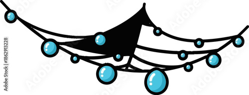 A simple cartoon illustration of a black spiderweb with blue dew drops