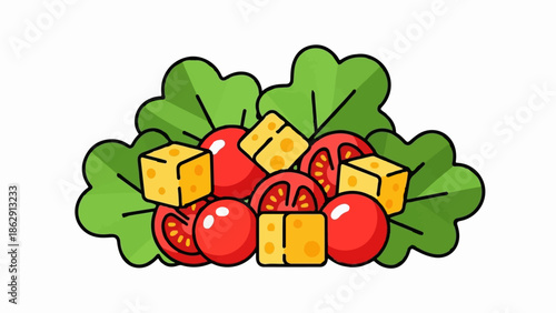 A vibrant illustration of fresh salad ingredients, featuring bright red tomatoes, golden cheese cubes, and crisp green lettuce leaves