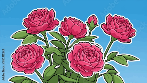 A vibrant illustration of lush pink peonies with green foliage against a clear blue sky backdrop