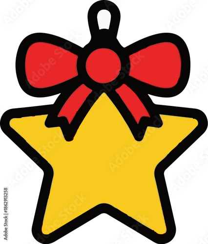 A simple cartoon drawing of a yellow star with a red ribbon tied above it, on a white background