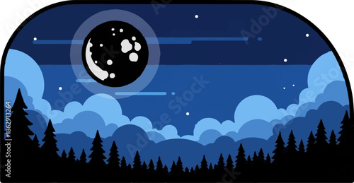 A stylized night sky with a large moon, wispy clouds, and a dark pine forest silhouette
