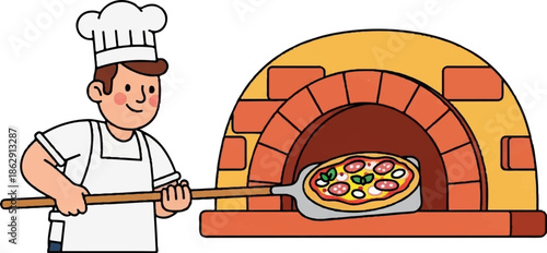 A smiling cartoon chef puts a fresh pizza with pepperoni and basil into a traditional brick oven with a peel