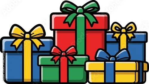 A vibrant illustration of multiple gift boxes in red, blue, green, and yellow, adorned with colorful bows