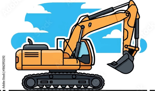 A stylized orange excavator with a bucket against a blue sky and clouds