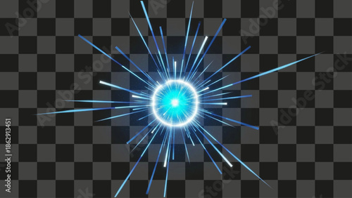Vector illustration of blue light burst radiating energy lines for futuristic visual effect design.