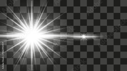 Vector illustration of bright starburst light effect shining horizontally for overlay graphic design.