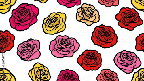 A vibrant pattern of hand-drawn roses in various colors on a white background