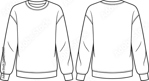 Fashion technical flat sketch of men's crewneck long sleeve sweatshirt with ribbed neckband, cuffs, and hem, front and back view.