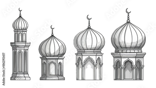 Intricate Mosque Design: Detailed illustration showcases ornate architectural elements of mosques, each structure representing unique islamic heritage. 